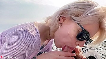 Blonde XXX girl licks cum off fingers after outdoor porn action