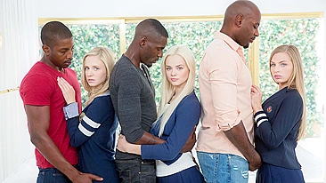 Blonde teens take part in interracial orgy with black porn studs