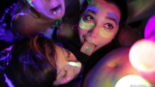 Chicks are XXX lesbians who cover bodies with neon paint in group porn