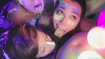 Chicks are XXX lesbians who cover bodies with neon paint in group porn