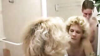 Blond mom joins horny son in the bathroom to have incest encounter