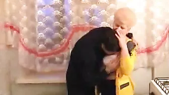 Stud has incest sex with old mom in the kitchen and cums on her face