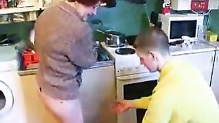 Russian MILF with red hair enjoys incest sex with son in the kitchen