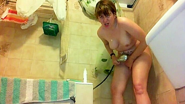 Son spying on mom, she all nude playing in the shower