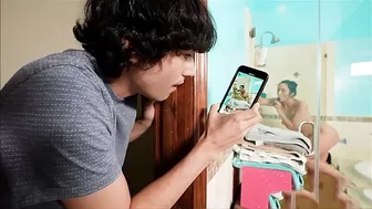 Son spying at mom in the shower as she play black dildo Son spying at mom in the shower as she play black dildo