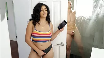 Spying on my brother who is jerk off on my tits in the shower