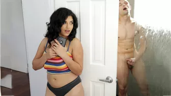 Spying on my brother who is jerk off on my tits in the shower