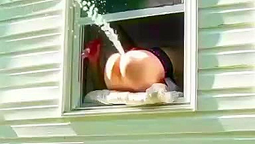 Strong orgasm from dildo, splashing from the window, and neighbors on the street