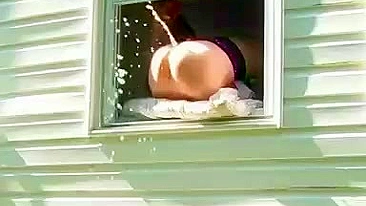 Strong orgasm from dildo, splashing from the window, and neighbors on the street