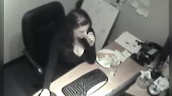 Spying on slim sexy coworker masturbate at computer