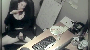 Spying on slim sexy coworker masturbate at computer