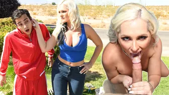 Lusty mother with big tits and ass pleasuring her young neighbor on the couch