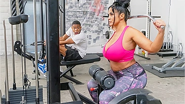 Horny black guy with a big throbbing cock screws curvaceous mother in the gym