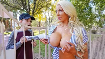 Glamorous momma with giant boobs catches neighbor peeping on her in the shower