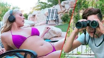 Juggy blonde MILF catches stepson peeping on her and fucks him outdoors