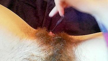 Big Clit Erection.  Vagina sex toy wet closeup hairy cunt orgasm POV