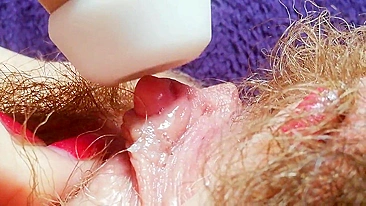 Big Clit Erection. MILF hairy pussy intense big clitor stimulation