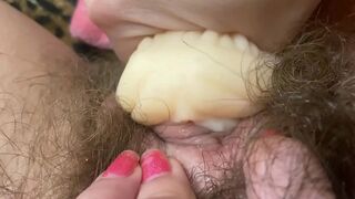 Coed takes roommate's artificial vagina to play with big clit