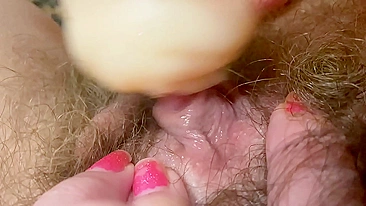 Coed takes roommate's artificial vagina to play with big clit