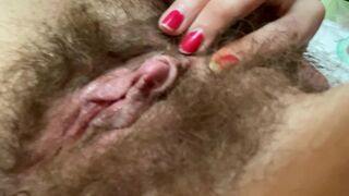 Horny chick enjoys hairy cunt masturbation with vibrator usage