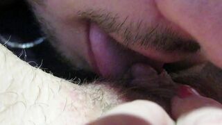 Girlfriend has a hairy cunt and it's a pleasure for the guy to lick it