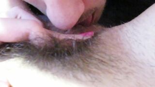 Girlfriend has a hairy cunt and it's a pleasure for the guy to lick it