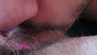 Girlfriend has a hairy cunt and it's a pleasure for the guy to lick it