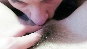 Girlfriend has a hairy cunt and it's a pleasure for the guy to lick it