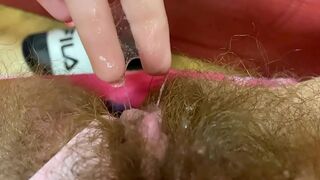 Female with a hairy bush takes a vibrator to satisfy herself