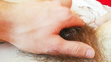 Man with pleasure penetrates partner's hairy cunt and asshole