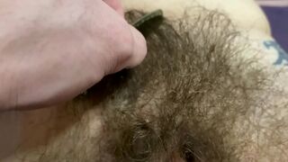 After shower naughty mom permits hubby to take care of her hairy bush