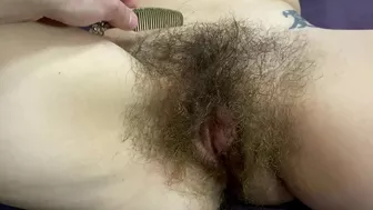 After shower naughty mom permits hubby to take care of her hairy bush