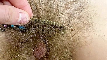 After shower naughty mom permits hubby to take care of her hairy bush