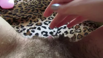 Unsatisfied mom gladly touches hairy bush with new black vibrator