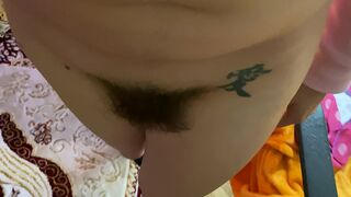 Mom demonstrates her hairy cunt with huge bush in extreme close up video