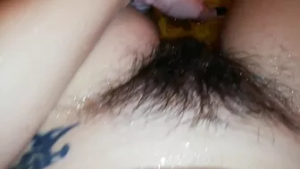 Gal records herself caressing her super-hairy bush in the bathroom
