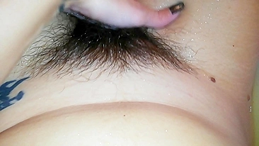 Gal records herself caressing her super-hairy bush in the bathroom