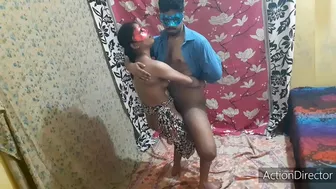 Musctached brother in blue mask and shirt fucks the Indian sister