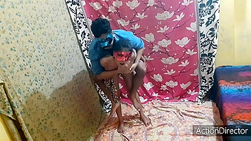 Musctached brother in blue mask and shirt fucks the Indian sister
