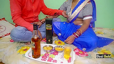 Man makes Indian in blue sari drunk to thrust cock into her vagina