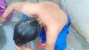 Hindi talking bhabhi poses for her devar's camera while washing