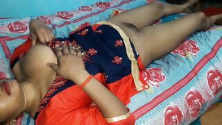 Excited Bhabhi in red sari has Indian devar's dick in her hairy peach