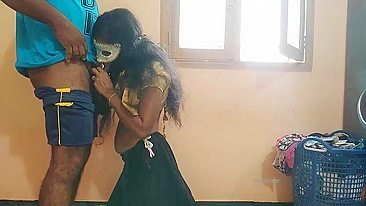 Indian robber in blue mask gives a cock ride to the desi Bhabhi