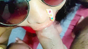 Face of Indian Bhabhi with sunglasses covered with devar's cum after sex