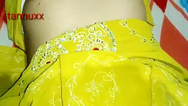 Bhabhi in yellow sari opens pussy to give sexual joy to Indian lover