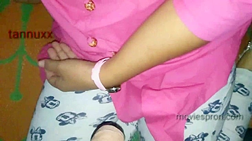 Indian spouse of sister satisfies Bhabhi wearing pink sari by wall