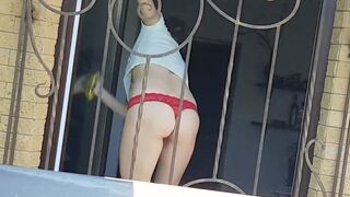 Spying for nude neighbor's wife she washes windows