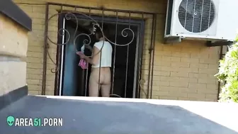 Spying for nude neighbor's wife she washes windows