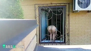 Spying for nude neighbor's wife she washes windows