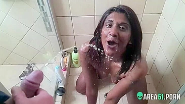 Indian whore sucks dick in bathroom gets a golden shower